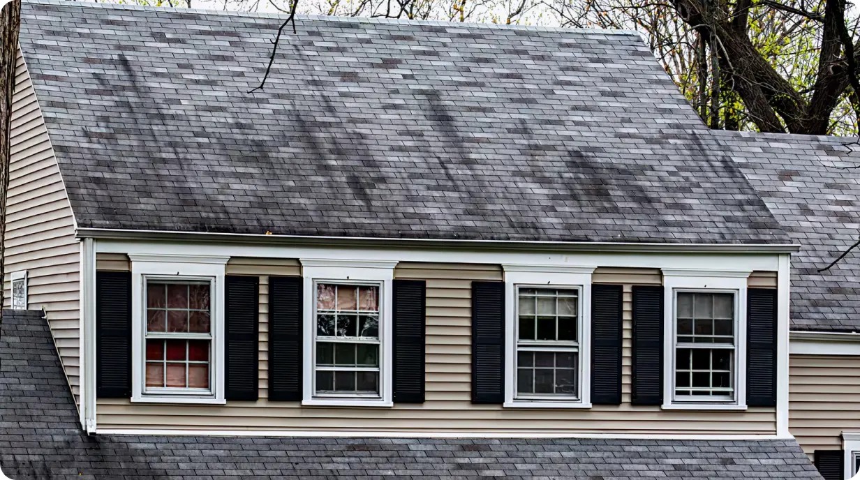 an image of a house with a roof having algae and dark streaks
