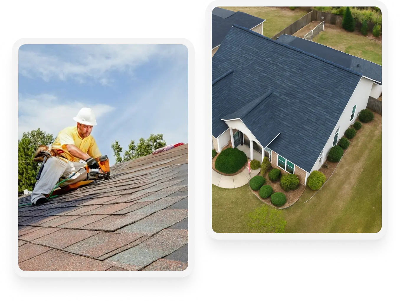 image of a man fixing a roof and a house with blue roof